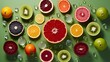Fruit background. Kiwi, orange, grapefruit, lemon, lime and water drops on green background