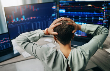 Aufkleber - Computer, graphs and business person stress over data analysis error, economy investment numbers or finance problem. Cryptocurrency crisis, frustrated and back of broker with online trading mistake
