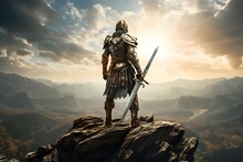 Knight In Armor On The Top Of A Mountain. 3d Render