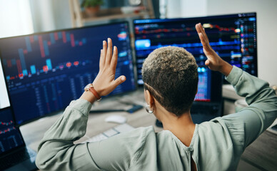 Aufkleber - Computer, trading and professional person stress over fintech company metrics, banking numbers or finance problem. Crypto crisis, graph error or back of broker, investor or trader with online mistake