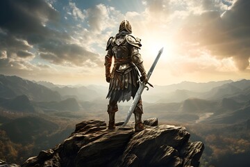 Knight in armor on the top of a mountain. 3d render