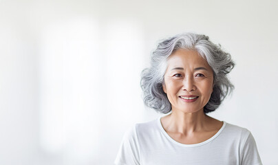 Wall Mural - Elderly Asian woman isolated on white copy space. Stylish confident adult 50 years old Asian females looking at camera at gray background. Portrait of sophisticated grey hair woman advertising 