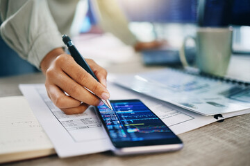 Poster - Phone screen, hand and trading, dashboard and financial information with investment, paperwork and trader in office. Person at desk, stock market stats and finance, closeup of analysis and crypto