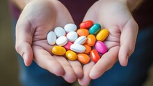 hands holding a large handful of multi-colored pills