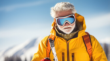 Wall Mural - Portrait of a senior male skier in helmet and winter clothes on the background of snow-covered mountain slope