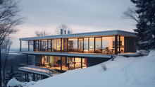 The Front Of Modern Exterior Of Luxury Cottage Covered In Deep Snow In Winter Evening
