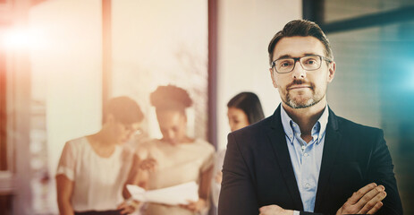 Canvas Print - Businessman, portrait, and office, leader or management with pride, confident or arms crossed. Mature employer, boss and experienced professional with glasses, corporate career and morning sunrise