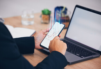 Aufkleber - Phone, person hands and graph hologram for digital transformation, blank screen and mockup space. Research, big data and employee database at office desk with mobile investing information and growth
