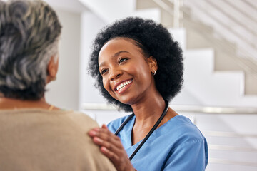 Wall Mural - Black woman nurse, senior patient and help at retirement home with elderly care, support and counseling. People sitting together, healthcare and wellness with advice, kindness and respect with trust