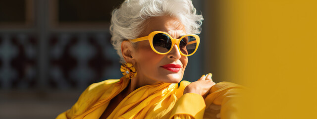 Poster - Stylish elderly woman on dark background.