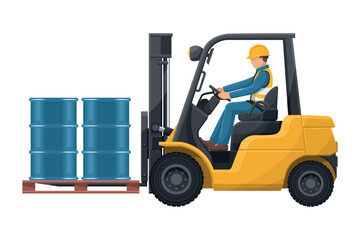 Wall Mural - Safely driving a forklift. Fork lift truck with barrel pallet of hydraulic or petroleum oil, toxic materials. Lift truck driving safety. Security First. Industrial Safety and Occupational Health