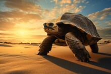 Giant Tortoise Crossing A Deserted, Sandy Beach At Sunrise