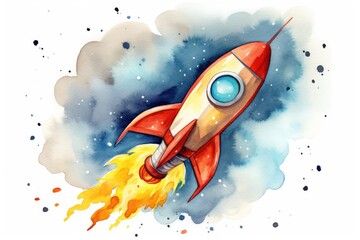 Wall Mural - watercolor rocket in outer space on a white background.