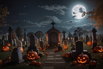 Wall Mural - Halloween cemetery, pumpkins shine a big moon. Generative AI