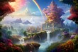 Colorful fantasy landscape with a waterfall and a rainbow in the sky