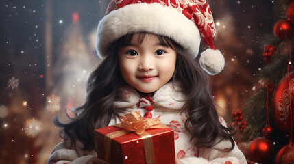 Wall Mural - Portrait of a cute little asian girl with a gift box