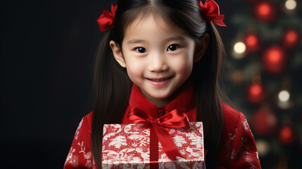 Wall Mural - Portrait of a cute little asian girl with a gift box