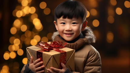 Wall Mural - Portrait of a cute little asian boy with a gift box