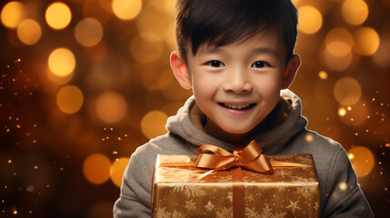 Wall Mural - Portrait of a cute little asian boy with a gift box