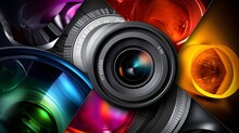 Abstract Background With A Lot Of Colorful Photographic Lenses. 3d Rendering