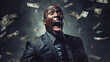Funny black businessman screaming with money