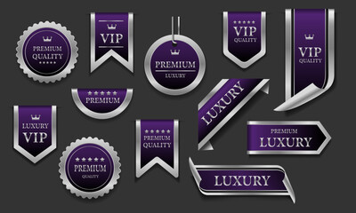 Purple silver luxury premium quality label badges on grey background vector