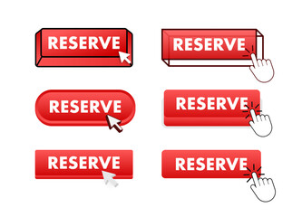 Poster - reserve button with pointer clicking. reserve web buttons set. user interface element in flat style.