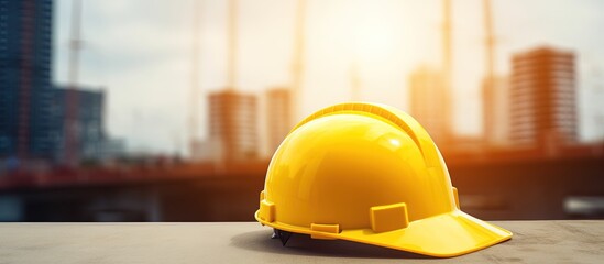 Workman s yellow safety helmet for construction site with concrete flooring in the city emphasizing safety for engineers or workers safety first with copyspace for text