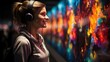 A young girl wearing headphones wanders through a digital art gallery