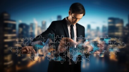 Wall Mural - young businessman putting puzzle pieces together