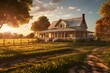 panoramic view of an old house in the countryside at sunset