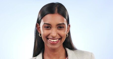 Sticker - Flirting, face and girl blowing a kiss in studio for love, romantic or cute expression or care. Happy, smile and portrait of Indian model with hand gesture for romance isolated by blue background