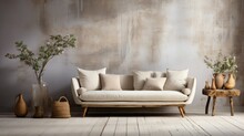 Living room sofa set in front of a decorative tumbled wall