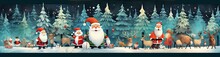 A Christmas Illustration That Contains Many Santas, Reindeer, Trees Generative AI