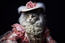 Portrait Of A Cat In An Elegant Vintage Pink Dress And A Hat With Flowers. Anthropomorphism. Humanised Animals Concept.
