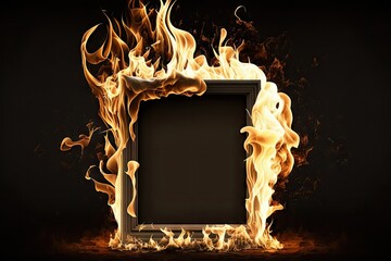 Sticker - Blank frame in fire flames on black background