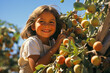 Joyful child gleefully gathering apples in an orchard.