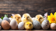 Cute Little And Lovely Yellow Chicks In A Wooden Environment With Eggs And Flowers Generative AI Illustration