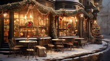 Cozy Cafe In A Cold Winter Environment With A Terrace On The Street With Snow In A Christmas Atmosphere Generative AI Illustration