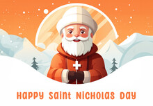 Saint Nicholas Illustration. Happy St Nicholas Day. Cartoon Character Of Old Bishop Celebrating On Winter Day