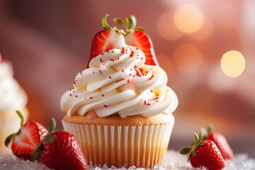 Wall Mural - Photo of a delicious cupcake topped with a fresh strawberry created with Generative AI technology