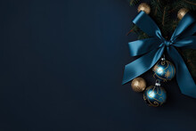 Dark Blue And Gold Christmas Decoration Balls On Dark Background. Merry Christmas And Happy New Year Greeting Card With Copy Space For Text.