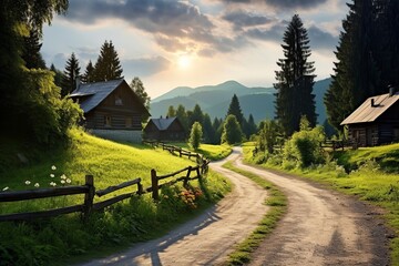 Wall Mural - A clean European village road bathes in the gentle light of the evening sun, providing a peaceful and pleasant scene. A quaint hut stands quietly beside the road, surrounded by lush greenery