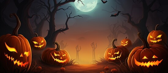 Canvas Print - Autumn landscape featuring pumpkins on a night background in a horizontal banner for Halloween illustration with copyspace for text