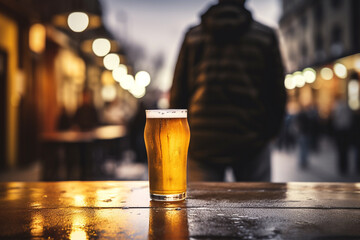 Man drinking beer in bar on street