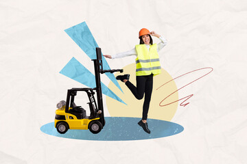 Sticker - Abstract creative composite photo collage of happy positive woman worker loading packeges on shipment isolated on painted background