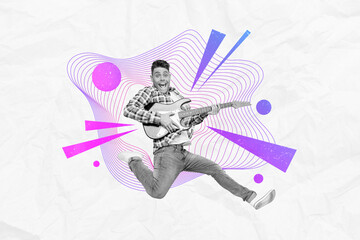 Sticker - Creative abstract template collage of playing guitar funny young man vibes concert music jumping performer have fun billboard comics zine