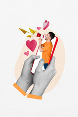 Poster - Creative trend collage of hands hold telephone screen announcement loudspeaker heart paper plane message social media weird bizarre unusual