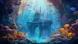Fototapeta Młodzieżowe - Digital painting of a fantasy underwater world with a fountain and a castle