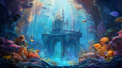 Digital painting of a fantasy underwater world with a fountain and a castle